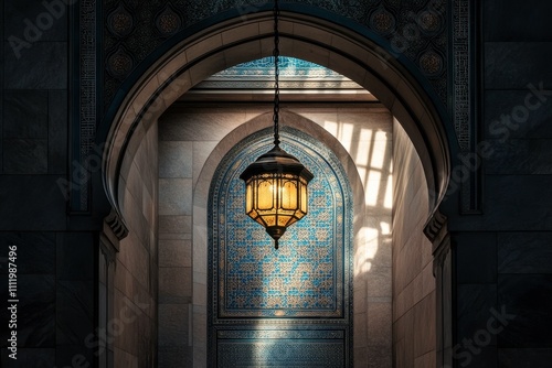 Stunning Architectural Detail of Ornate Lantern Hanging Inside an Elaborate Corridor with Colorful Tile Work and Soft Light Streaming Through Arches