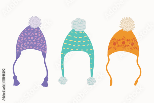 A collection of winter or autumn hats in a flat style. Knitted hats for girls and boys in cold weather on a white background. The icon of the web page design element. Vector illustration