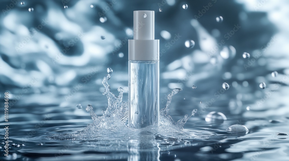 A clear spray bottle emerging from a splash of water, creating a refreshing and hydrating ambiance. A clear spray bottle emerging from a splash of water, creating a refreshing and hydrating ambiance.