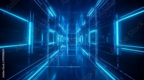 Futuristic Neon Corridor with Glowing Lines and Reflections in a Digital Space Environment
