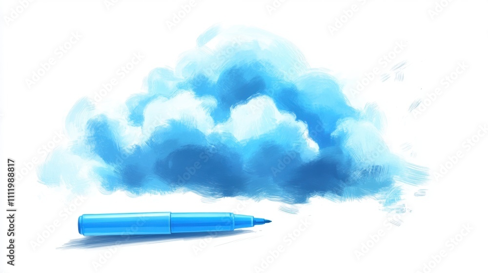 A vivid blue cloud illustration next to a blue marker, symbolizing creativity and imagination. A vivid blue cloud illustration next to a blue marker, symbolizing creativity and imagination.