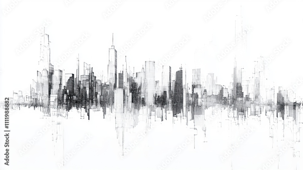 Abstract skyline illustration in black and white, depicting a modern cityscape with intricate linework. Abstract skyline illustration in black and white, depicting a modern cityscape with intricate linework.