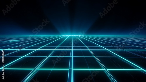 Futuristic Neon Grid Landscape with Light Rays and Vibrant Blue Accents in a Dark Background