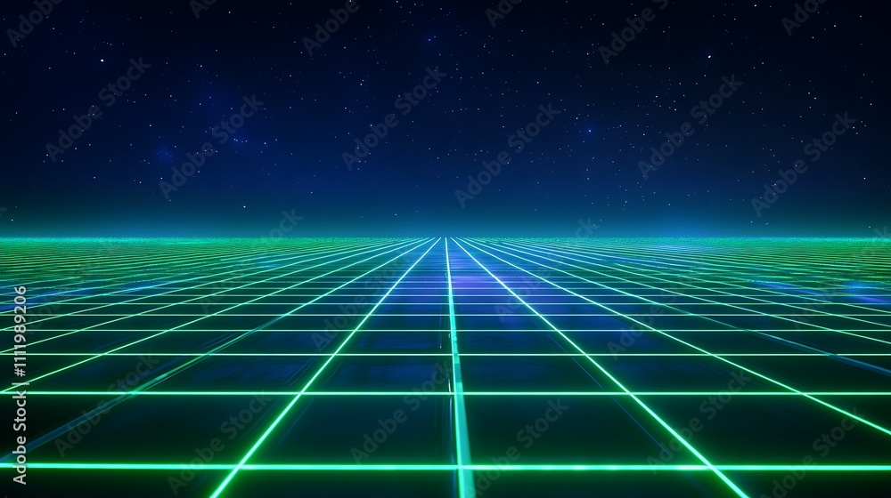 Futuristic Neon Grid Landscape with Stars and Night Sky, Digital Art Concept for Sci-Fi and Tech Themes Futuristic Neon Grid Landscape with Stars and Night Sky, Digital Art Concept for Sci-Fi and Tech Themes