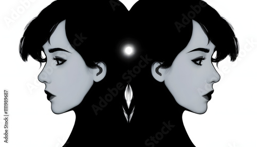 bipolar mental disorder. Double face. Split personality. Conceptual mood disorder. Dual personality concept. 2 silhouettes of a female head. mental health. Imagination isolated highlighted by white photo