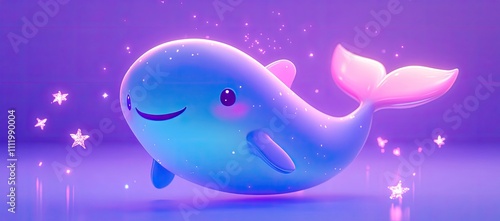 3D illustration of a cute blue whale character, simple background, pastel color theme photo