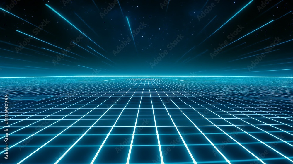 Futuristic Neon Landscape with Grid and Light Beams in a Starry Night Sky Futuristic Neon Landscape with Grid and Light Beams in a Starry Night Sky