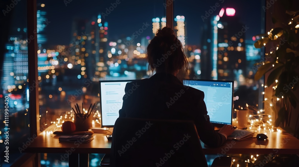 Nighttime city view from an office with a person working at two computer monitors surrounded by lights Nighttime city view from an office with a person working at two computer monitors surrounded by lights