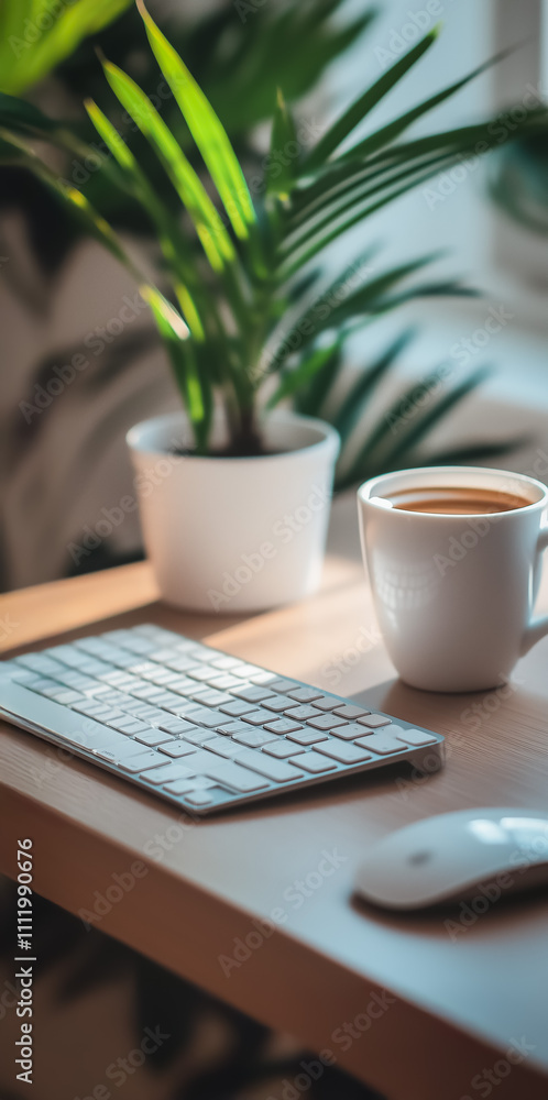 A minimalist wireless keyboard and mouse on a light wooden desk, accompanied by a coffee mug and potted plants in a bright and serene office environment. A minimalist wireless keyboard and mouse on a light wooden desk, accompanied by a coffee mug and potted plants in a bright and serene office environment.