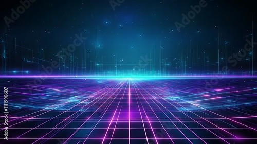 Futuristic Neon Landscape with Grid Pattern and Starry Night Sky in Vibrant Purple and Blue Hues