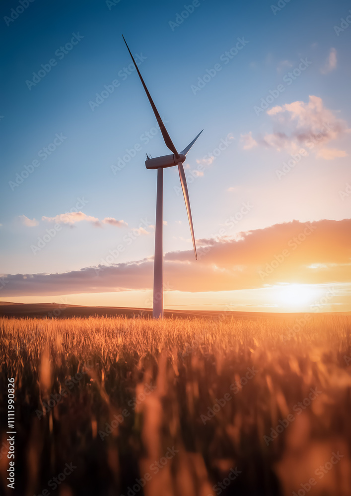 Obraz premium Sunset view of a lone wind turbine in an expansive wheat field, bathed in golden light and a serene, open horizon.