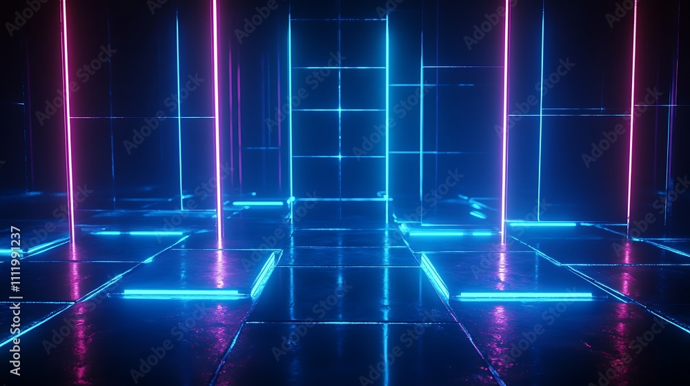 Futuristic Neon Lighting Design with Vibrant Colors and Glossy Surfaces in a Dark Environment Futuristic Neon Lighting Design with Vibrant Colors and Glossy Surfaces in a Dark Environment