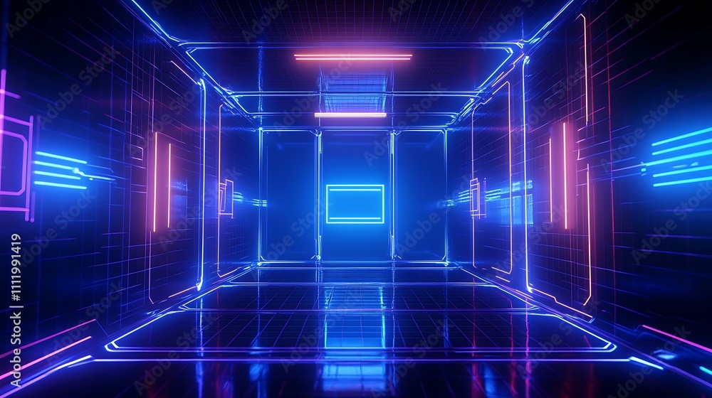 Futuristic Neon Room with Bright Blue and Pink Lights Reflecting on Glossy Floor in Cybernetic Environment Futuristic Neon Room with Bright Blue and Pink Lights Reflecting on Glossy Floor in Cybernetic Environment