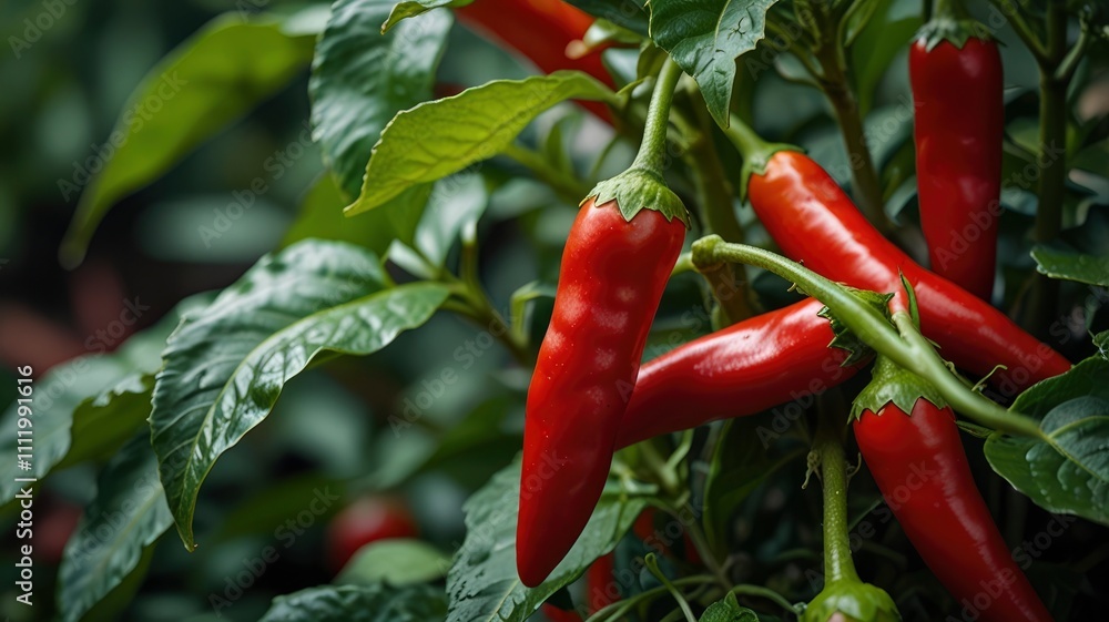 Close-up of vibrant red chili peppers growing on a plant with green leaves, set against a softly blurred background Close-up of vibrant red chili peppers growing on a plant with green leaves, set against a softly blurred background