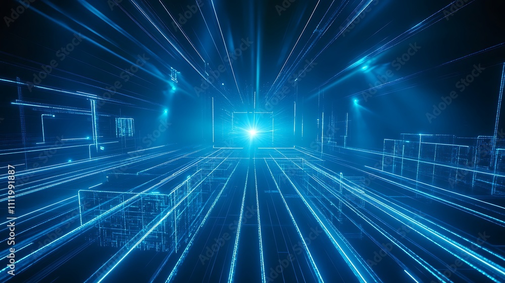 Futuristic Perspective of Digital Light Beams and 3D Geometric Shapes in Virtual Reality Setting Futuristic Perspective of Digital Light Beams and 3D Geometric Shapes in Virtual Reality Setting