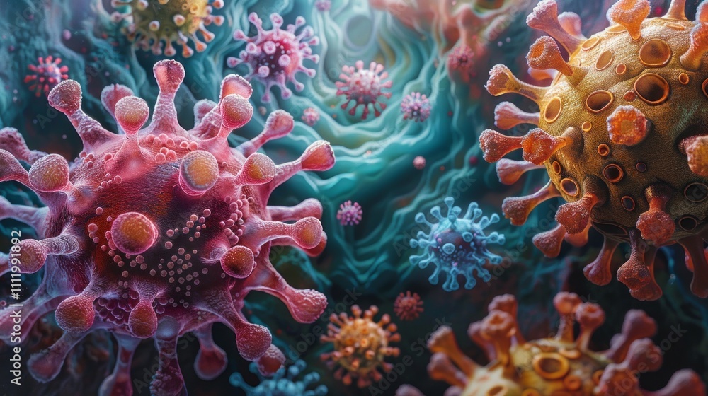Close-up of red, yellow, and blue virus cells on a teal background. AI generative. . Close-up of red, yellow, and blue virus cells on a teal background. AI generative. .