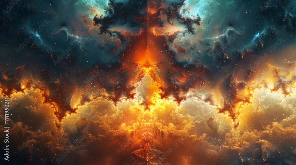Abstract nebula with teal and orange clouds, stars, and fire-like textures. AI generative. . Abstract nebula with teal and orange clouds, stars, and fire-like textures. AI generative. .