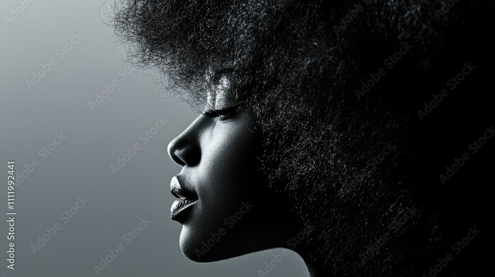 Profile of a young Black woman with a large afro hairstyle, in monochrome. Profile of a young Black woman with a large afro hairstyle, in monochrome.