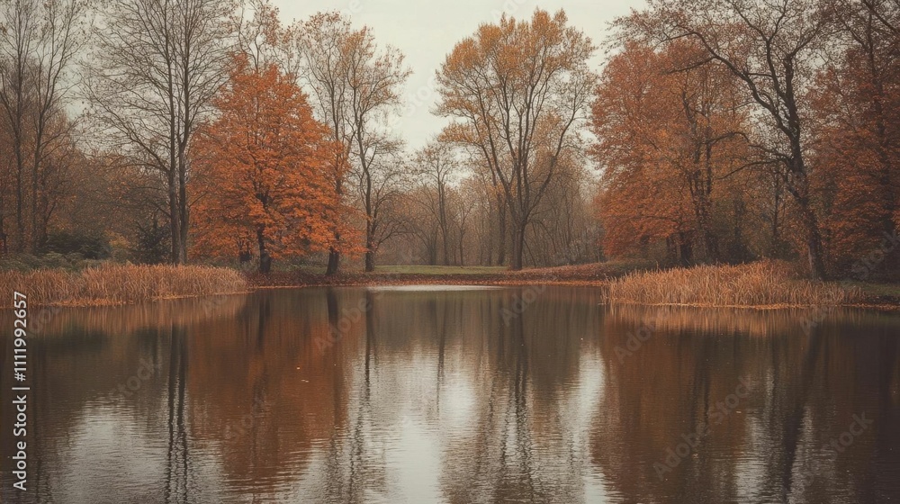 Serene autumn landscape with trees reflecting in a calm lake. Serene autumn landscape with trees reflecting in a calm lake.
