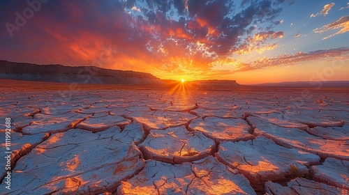 Sunset over a cracked, barren desert landscape with a mountain range in the distance. AI generative. . photo