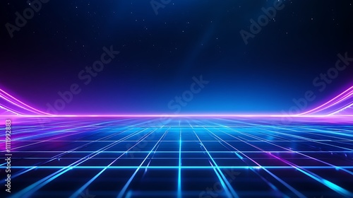 Neon Grid Landscape with Starry Sky and Vibrant Light Trails in Futuristic Digital Setting