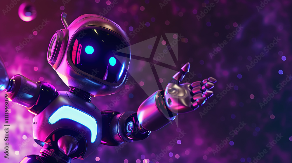 Fototapeta premium Adorable Robot Spreading Positivity: A Cute Machine Pointing to the Stars
