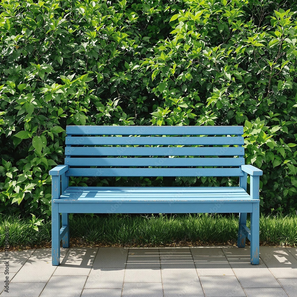 Blue-painted wooden bench blending harmoniously with the surrounding greenery, peaceful ambiance, garden decor, unity Blue-painted wooden bench blending harmoniously with the surrounding greenery, peaceful ambiance, garden decor, unity