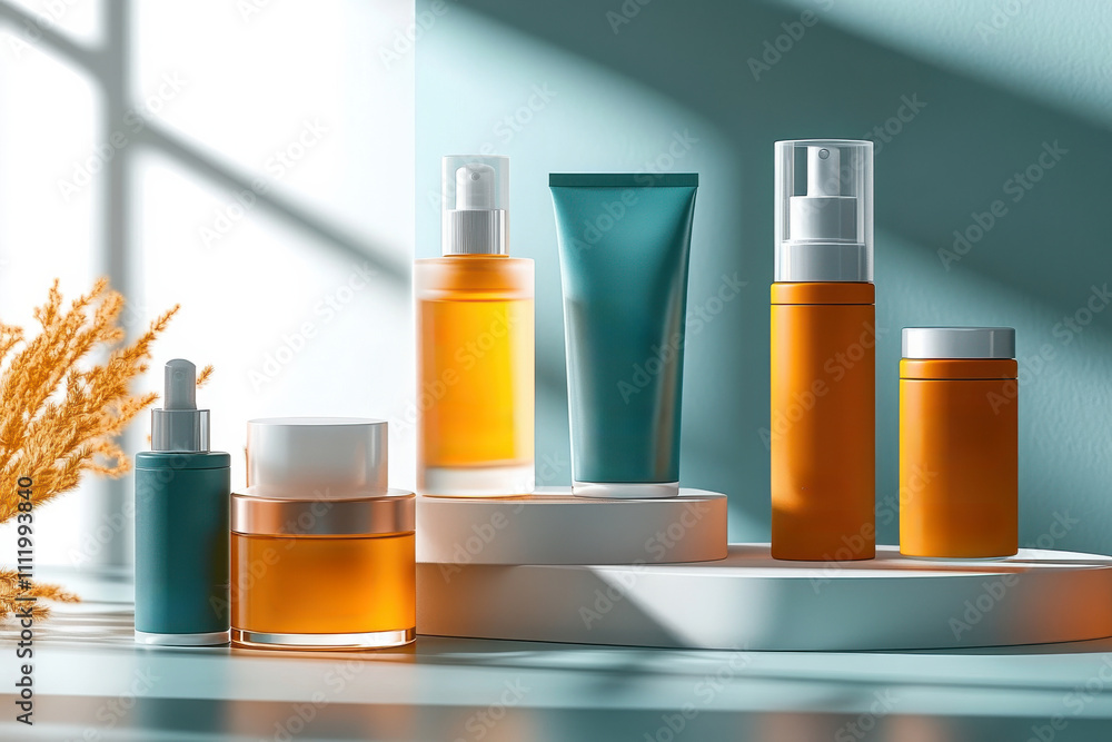 A row of cosmetics on a table, including a bottle of lotion A row of cosmetics on a table, including a bottle of lotion