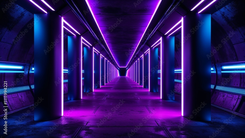 A futuristic and cyberpunk-inspired 3D rendered illustration of a long, glowing blue tunnel or corridor, set against a dark, gritty cement and concrete hallway with sleek A futuristic and cyberpunk-inspired 3D rendered illustration of a long, glowing blue tunnel or corridor, set against a dark, gritty cement and concrete hallway with sleek