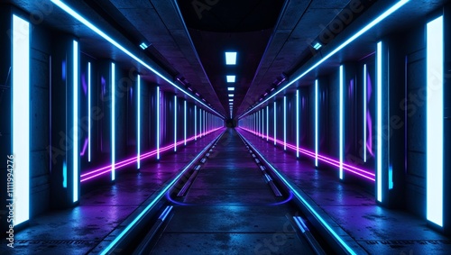 A futuristic and cyberpunk-inspired 3D rendered illustration of a long  glowing blue tunnel or corridor  set against a dark  gritty cement and concrete hallway with sleek