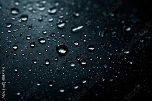 Fresh transparent rain water dew drops on a dark black surface. Abstract close-up abstract macro clear liquid droplets background wallpaper.	 photo