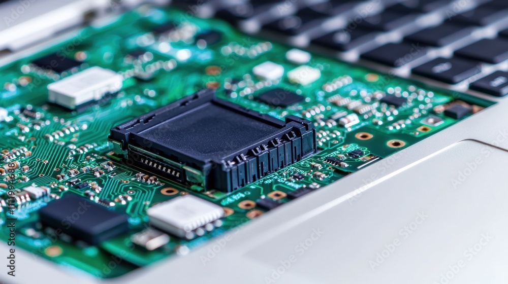 Battery replacement and tools, A close-up view of a computer motherboard featuring a black chip and various electronic components on a green circuit board. Battery replacement and tools, A close-up view of a computer motherboard featuring a black chip and various electronic components on a green circuit board.