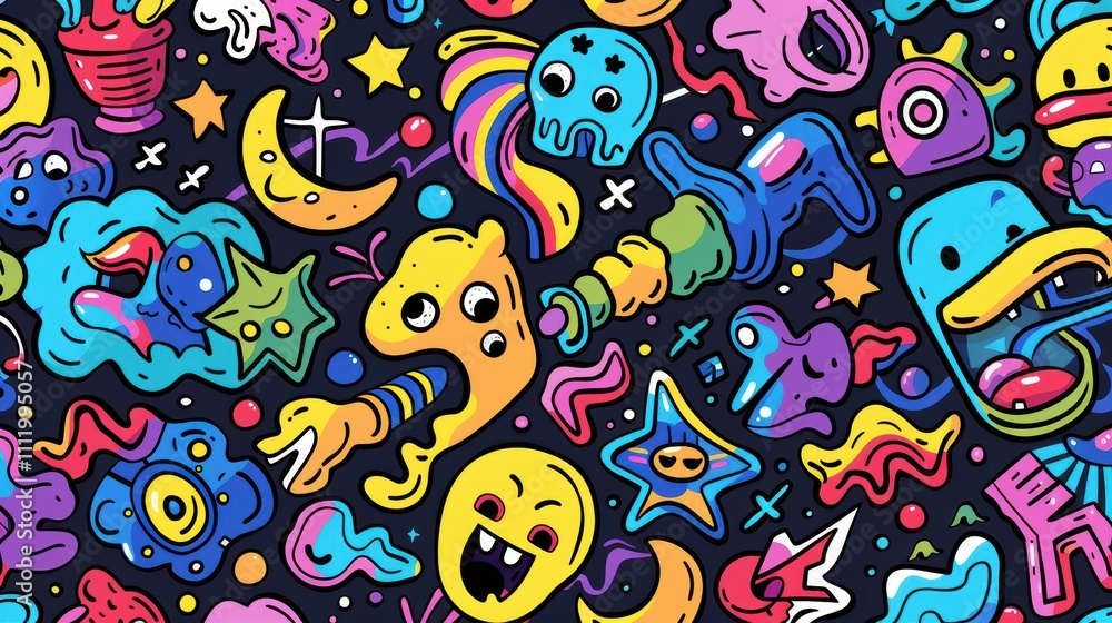 A vibrant, playful pattern filled with whimsical characters and shapes. A vibrant, playful pattern filled with whimsical characters and shapes.