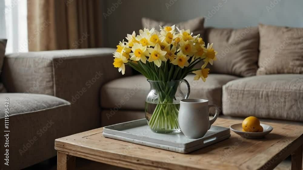 yellow flowers in a vase on table with sofa yellow flowers in a vase on table with sofa