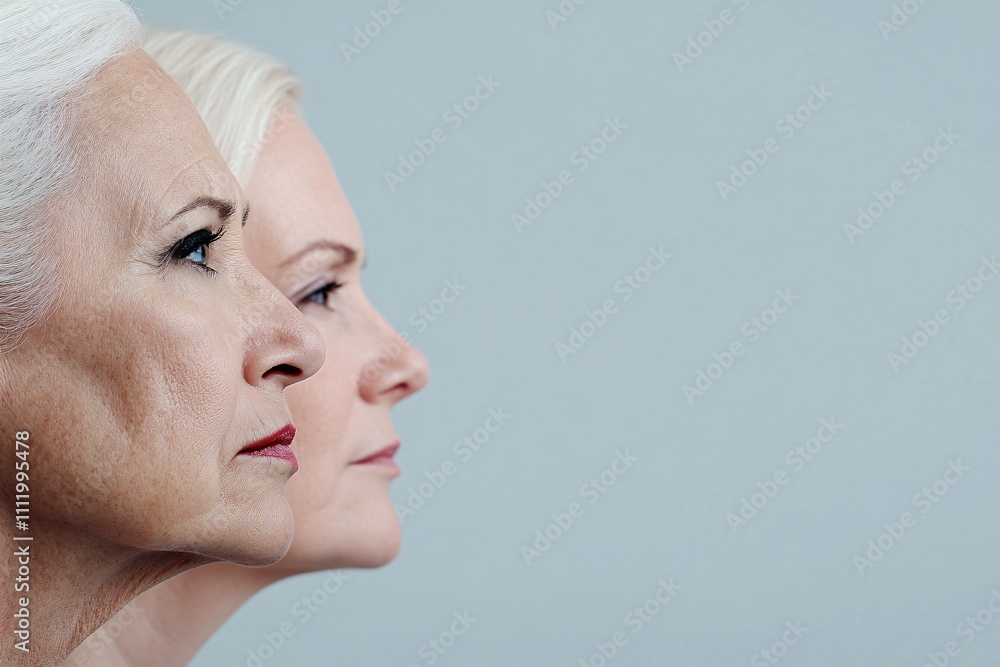 Two women with grey hair and red lipstick Two women with grey hair and red lipstick