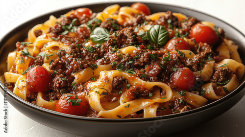 Delicious pasta dish with rich meat sauce, cherry tomatoes, and fresh basil garnishing on a dark plate. Generative AI