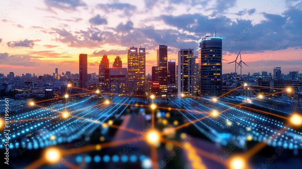 Urban City Skyline with Digital Features and Stunning Sunset View Urban City Skyline with Digital Features and Stunning Sunset View