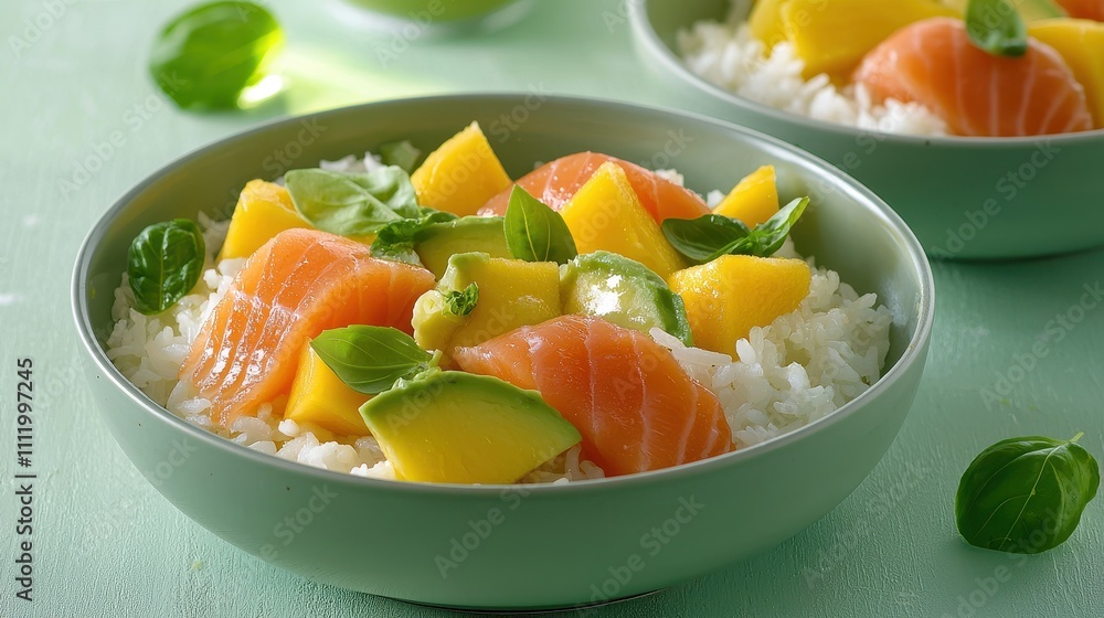 Fresh Salmon Mango Rice Bowl with Green Basil Garnish Fresh Salmon Mango Rice Bowl with Green Basil Garnish