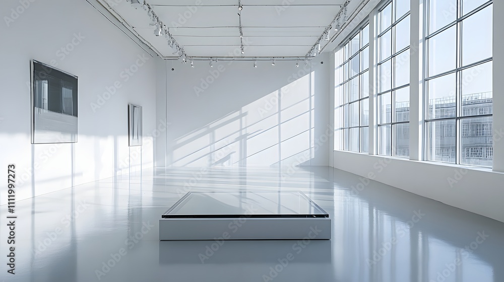 Obraz premium A simple glass podium surrounded by clean white walls and bright natural light pouring in from floor-to-ceiling windows, perfect for displaying a premium product in a minimalist space