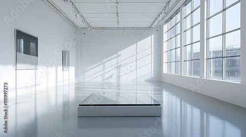 A simple glass podium surrounded by clean white walls and bright natural light pouring in from floor-to-ceiling windows, perfect for displaying a premium product in a minimalist space