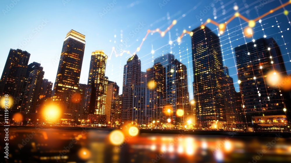 Urban skyline at dusk with glowing city lights and financial graphs Urban skyline at dusk with glowing city lights and financial graphs