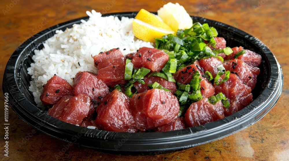 Fresh Tuna Poke Bowl with Rice, Green Onion, and Citrus Garnish