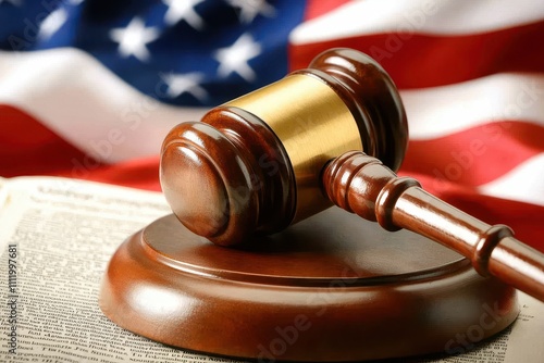 Gavel on Legal Document with American Flag in Background