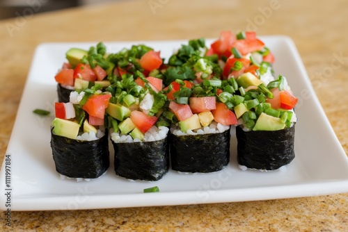 Fresh Vegetable Sushi Rolls with Avocado and Tomato Toppings