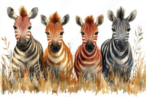 Four colorful zebras standing in tall grass, showcasing artistic watercolor style. photo