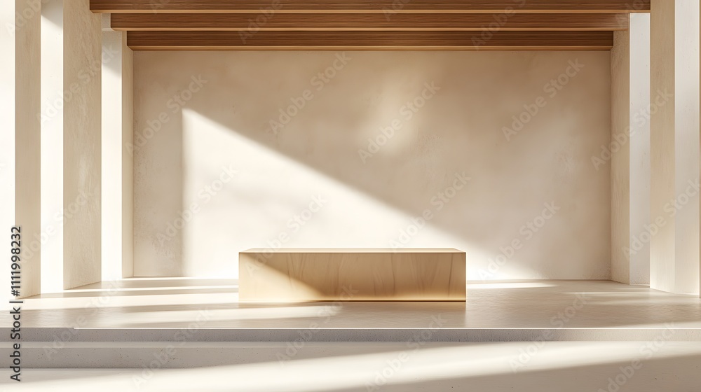 A polished wood podium in a wide, spacious room with neutral-colored walls, soft lighting, and ample open space, ideal for presenting a high-end product or fashion accessory A polished wood podium in a wide, spacious room with neutral-colored walls, soft lighting, and ample open space, ideal for presenting a high-end product or fashion accessory
