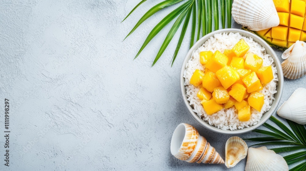 Fresh Mango with Sticky Rice in Bowl Surrounded by Seashells Fresh Mango with Sticky Rice in Bowl Surrounded by Seashells