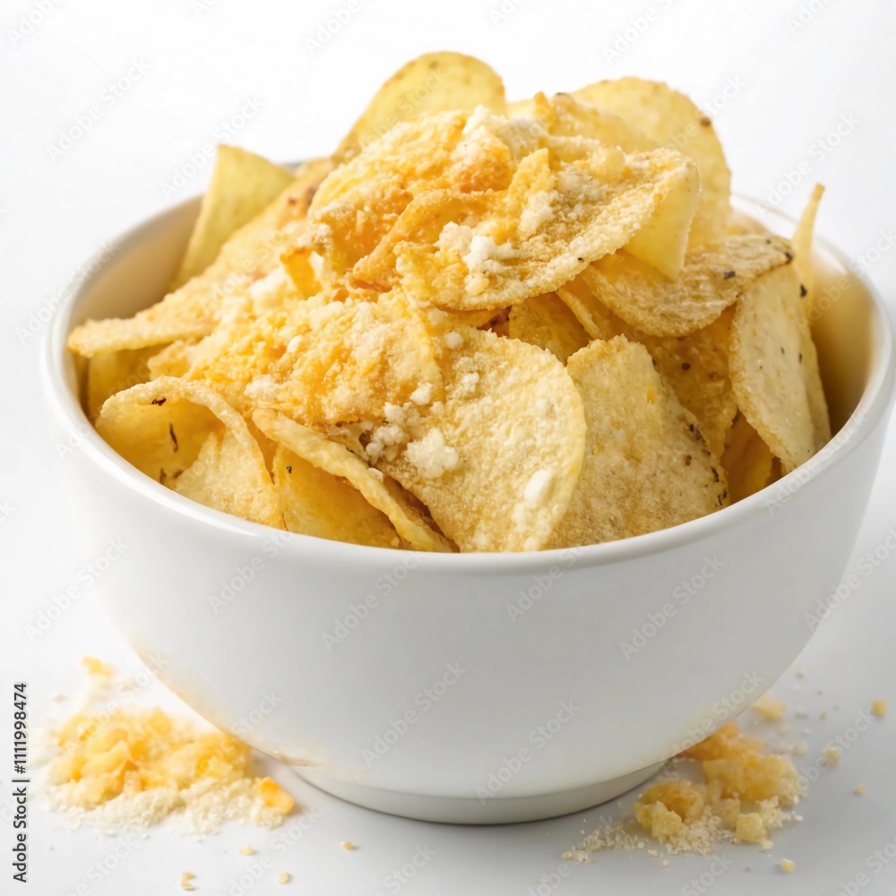 Delicious potato chips with cheese powder in white bowl isolated on white background Delicious potato chips with cheese powder in white bowl isolated on white background
