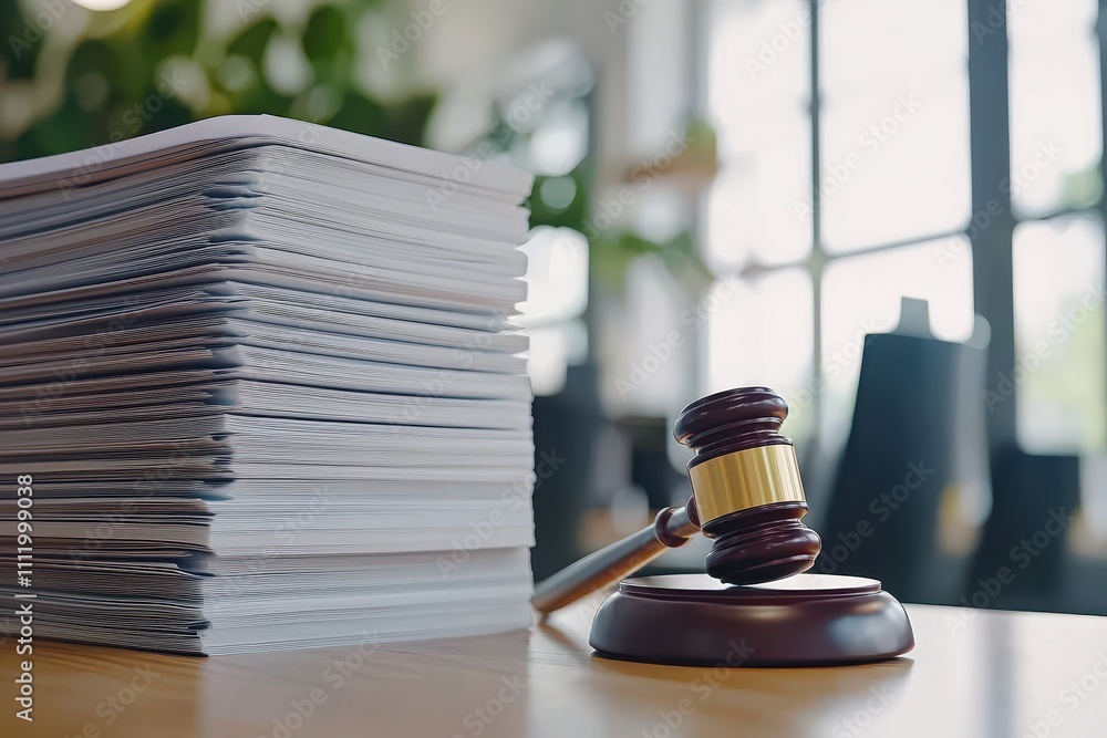 Legal Gavel Next to Stack of Paperwork in Bright Office Setting Legal Gavel Next to Stack of Paperwork in Bright Office Setting