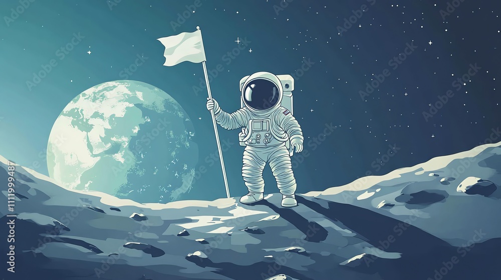 Obraz premium An astronaut plants a flag on the moon, with earth in the background.